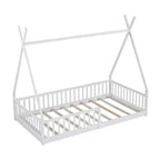 Twin Size Tent Floor Bed Frame with Fence Guardrails, Wooden House Bed for Playroom & Bedroom.
