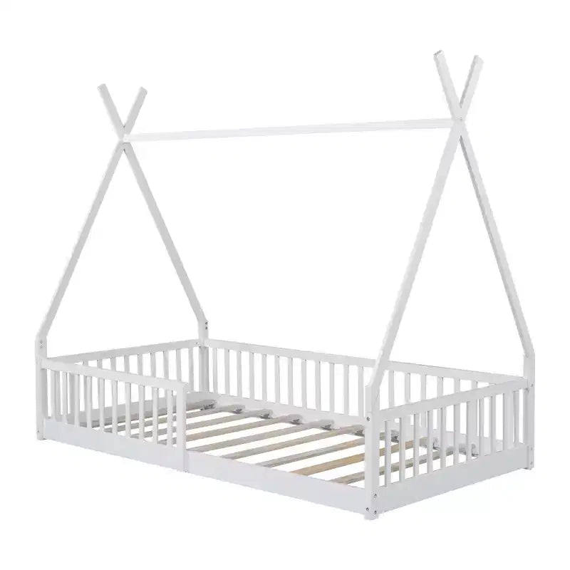 Twin Size Tent Floor Bed Frame with Fence Guardrails, Wooden House Bed for Playroom & Bedroom.