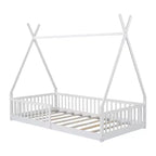 Twin Size Tent Floor Bed Frame with Fence Guardrails, Wooden House Bed for Playroom & Bedroom.