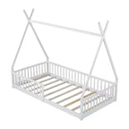 Twin Size Tent Floor Bed Frame with Fence Guardrails, Wooden House Bed for Playroom & Bedroom.