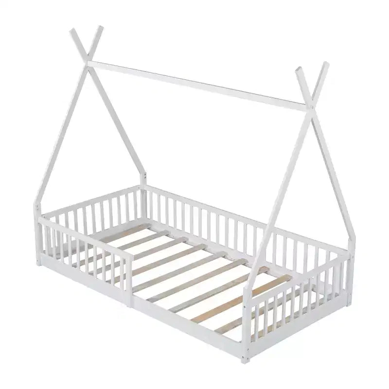 Twin Size Tent Floor Bed Frame with Fence Guardrails, Wooden House Bed for Playroom & Bedroom.