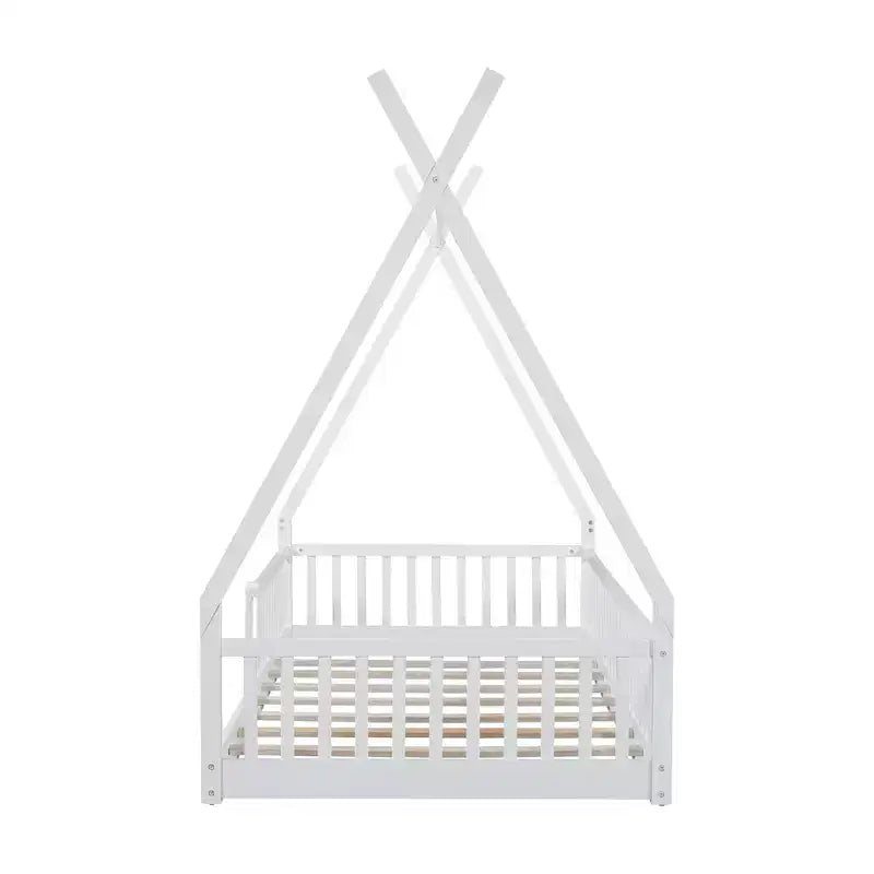 Twin Size Tent Floor Bed Frame with Fence Guardrails, Wooden House Bed for Playroom & Bedroom.