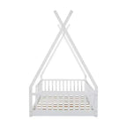 Twin Size Tent Floor Bed Frame with Fence Guardrails, Wooden House Bed for Playroom & Bedroom.