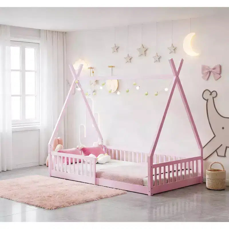Twin Size Tent Floor Bed Frame with Fence Guardrails, Wooden House Bed for Playroom & Bedroom.