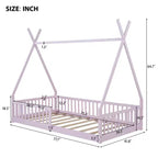 Twin Size Tent Floor Bed Frame with Fence Guardrails, Wooden House Bed for Playroom & Bedroom.