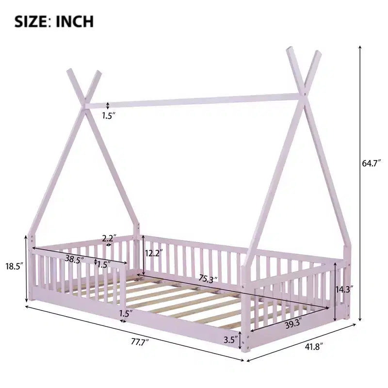 Twin Size Tent Floor Bed Frame with Fence Guardrails, Wooden House Bed for Playroom & Bedroom.