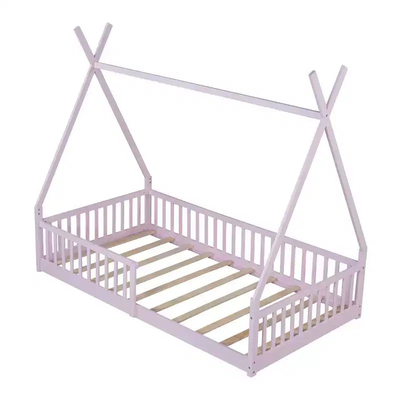 Twin Size Tent Floor Bed Frame with Fence Guardrails, Wooden House Bed for Playroom & Bedroom.