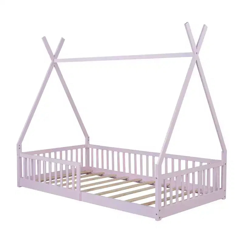 Twin Size Tent Floor Bed Frame with Fence Guardrails, Wooden House Bed for Playroom & Bedroom.