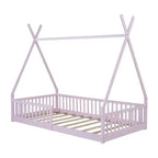 Twin Size Tent Floor Bed Frame with Fence Guardrails, Wooden House Bed for Playroom & Bedroom.
