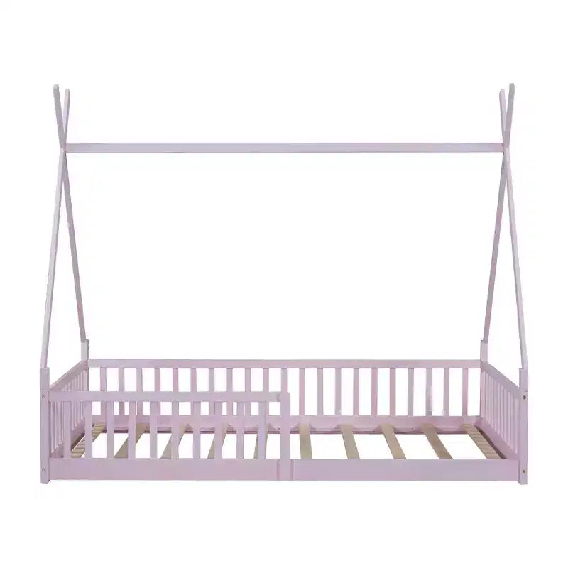 Twin Size Tent Floor Bed Frame with Fence Guardrails, Wooden House Bed for Playroom & Bedroom.