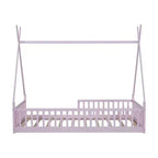 Twin Size Tent Floor Bed Frame with Fence Guardrails, Wooden House Bed for Playroom & Bedroom.