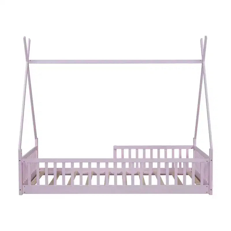 Twin Size Tent Floor Bed Frame with Fence Guardrails, Wooden House Bed for Playroom & Bedroom.