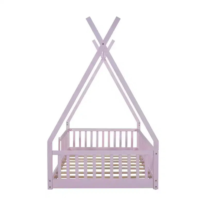 Twin Size Tent Floor Bed Frame with Fence Guardrails, Wooden House Bed for Playroom & Bedroom.
