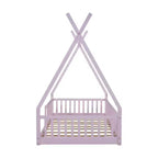 Twin Size Tent Floor Bed Frame with Fence Guardrails, Wooden House Bed for Playroom & Bedroom.