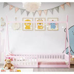 Bellemave Twin Size Tent Floor Bed Frame with Fence Guardrails, Wooden House Bed for Playroom & Bedroom.
