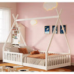 Twin Size Tent Floor Bed Frame with Fence Guardrails, Wooden House Bed for Playroom & Bedroom.