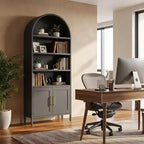 73 Tall Black Metal Arched Cabinet, Modern 5-Tier Bookshelf with Adjustable Shelves, Versatile Storage for Kitchen Pantry or Display