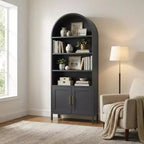 73 Tall Black Metal Arched Cabinet, Modern 5-Tier Bookshelf with Adjustable Shelves, Versatile Storage for Kitchen Pantry or Display