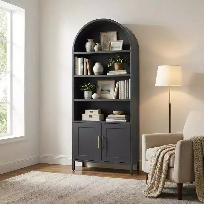73 Tall Black Metal Arched Cabinet, Modern 5-Tier Bookshelf with Adjustable Shelves, Versatile Storage for Kitchen Pantry or Display
