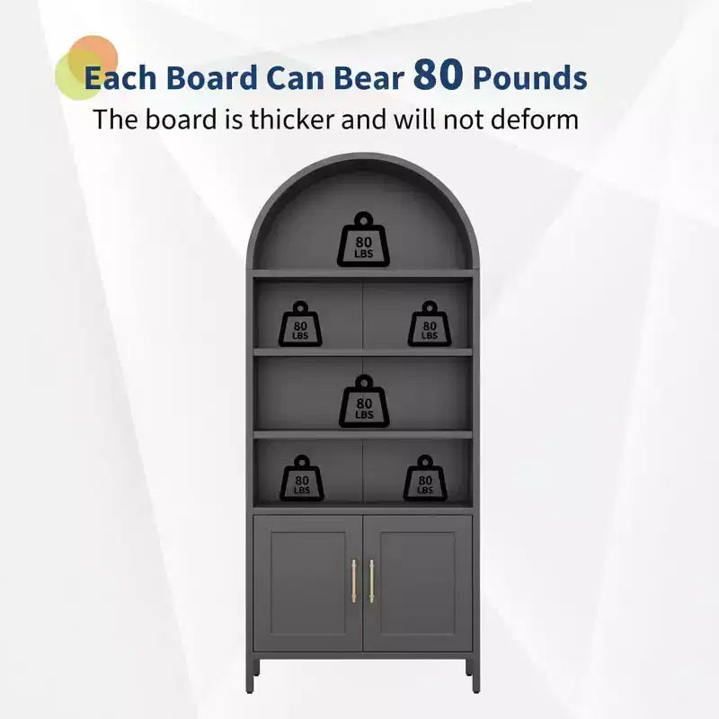 73 Tall Black Metal Arched Cabinet, Modern 5-Tier Bookshelf with Adjustable Shelves, Versatile Storage for Kitchen Pantry or Display