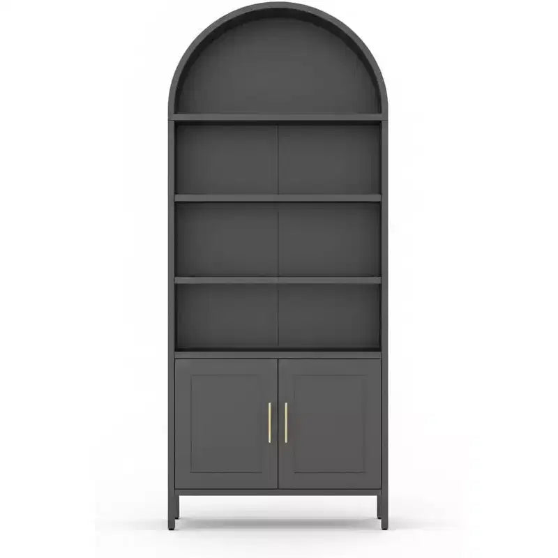 73 Tall Black Metal Arched Cabinet, Modern 5-Tier Bookshelf with Adjustable Shelves, Versatile Storage for Kitchen Pantry or Display