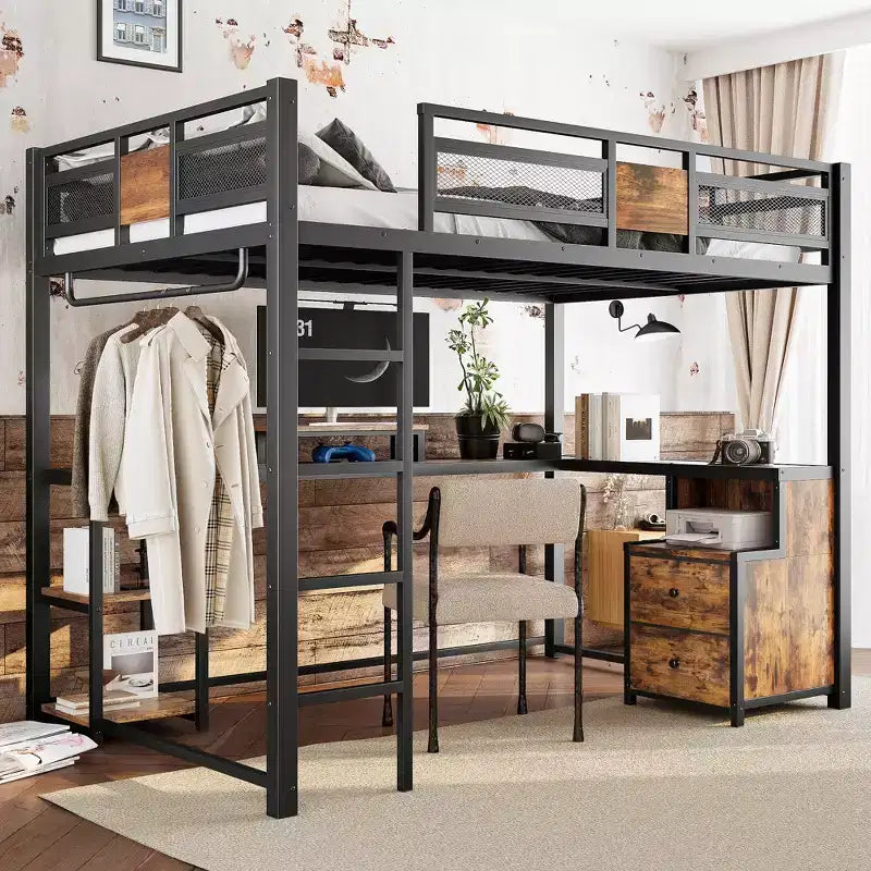 Bellemave Full Loft Bed with Desk and Storage Non-woven Fabric Drawers, Metal Loft Bed Frame with Ladders, No Spring Box Needed,Black