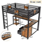 Full Loft Bed with Desk and Storage Non-woven Fabric Drawers, Metal Loft Bed Frame with Ladders, No Spring Box Needed, Black