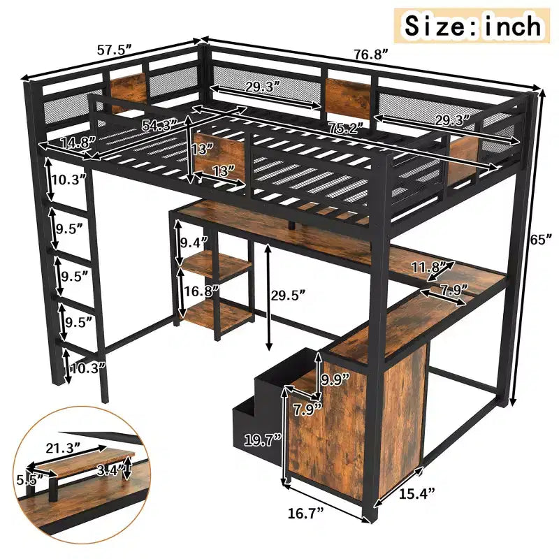Full Loft Bed with Desk and Storage Non-woven Fabric Drawers, Metal Loft Bed Frame with Ladders, No Spring Box Needed, Black