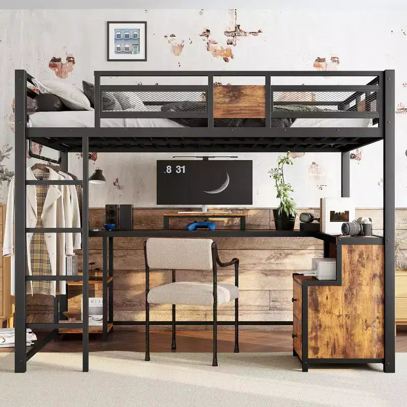 Full Loft Bed with Desk and Storage Non-woven Fabric Drawers, Metal Loft Bed Frame with Ladders, No Spring Box Needed, Black
