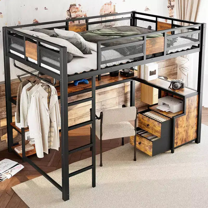 Full Loft Bed with Desk and Storage Non-woven Fabric Drawers, Metal Loft Bed Frame with Ladders, No Spring Box Needed, Black