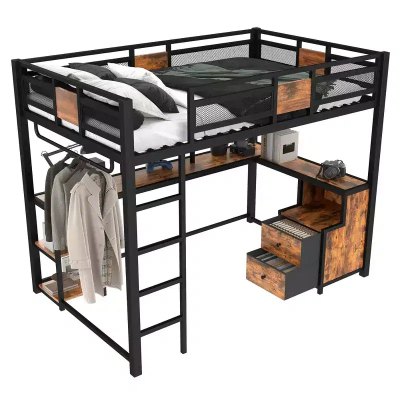 Full Loft Bed with Desk and Storage Non-woven Fabric Drawers, Metal Loft Bed Frame with Ladders, No Spring Box Needed, Black