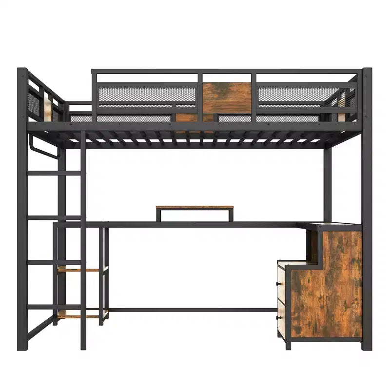 Full Loft Bed with Desk and Storage Non-woven Fabric Drawers, Metal Loft Bed Frame with Ladders, No Spring Box Needed, Black