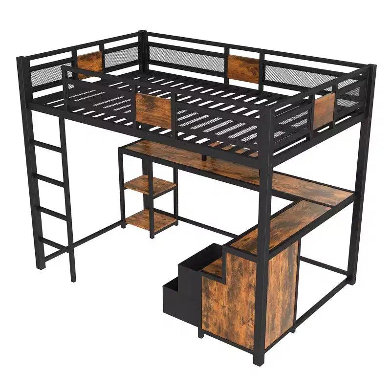 Full Loft Bed with Desk and Storage Non-woven Fabric Drawers, Metal Loft Bed Frame with Ladders, No Spring Box Needed, Black