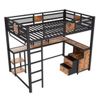 Full Loft Bed with Desk and Storage Non-woven Fabric Drawers, Metal Loft Bed Frame with Ladders, No Spring Box Needed, Black