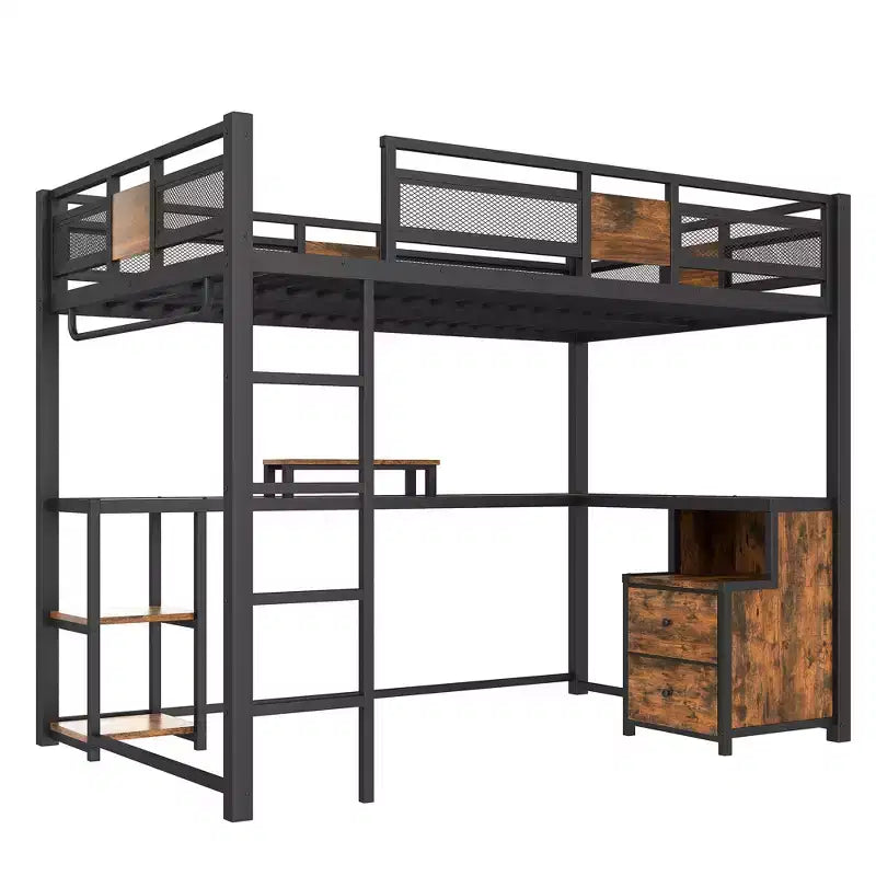 Full Loft Bed with Desk and Storage Non-woven Fabric Drawers, Metal Loft Bed Frame with Ladders, No Spring Box Needed, Black