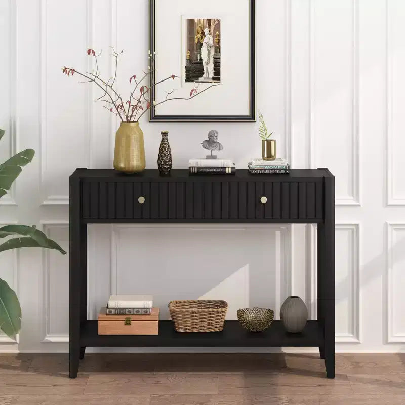 Console Table with Drawers, Narrow Wood Accent Sofa Table Entryway Table with Storage Shelf for Entryway, Front Hall, Hallway, Living Room, Black