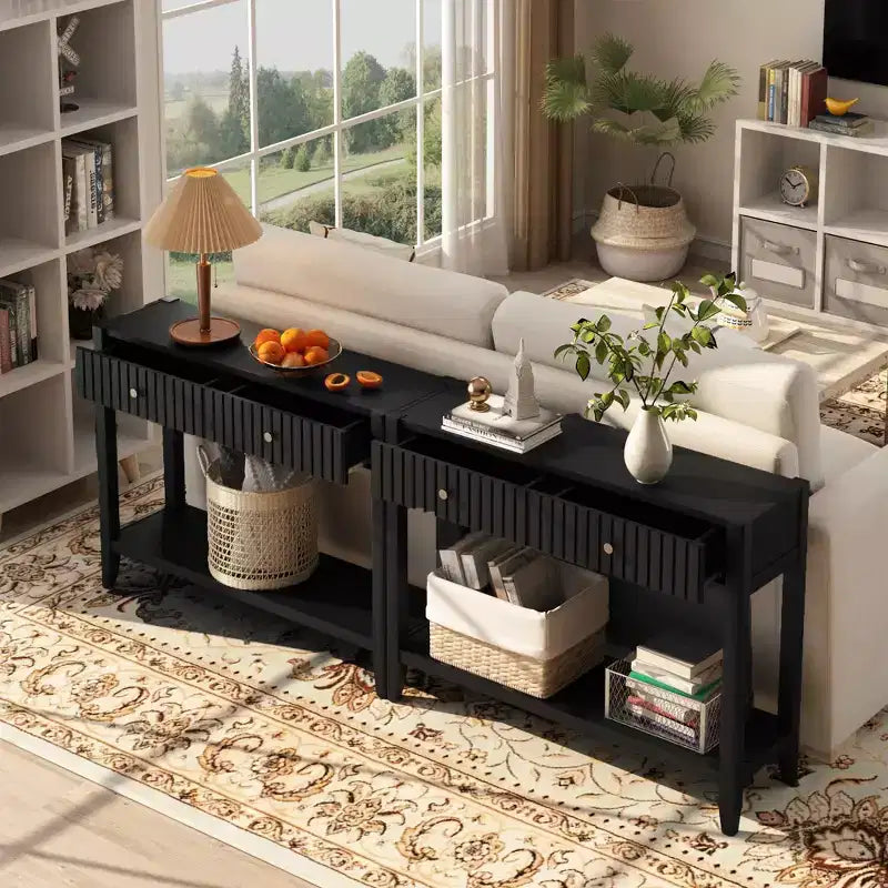 Console Table with Drawers, Narrow Wood Accent Sofa Table Entryway Table with Storage Shelf for Entryway, Front Hall, Hallway, Living Room, Black