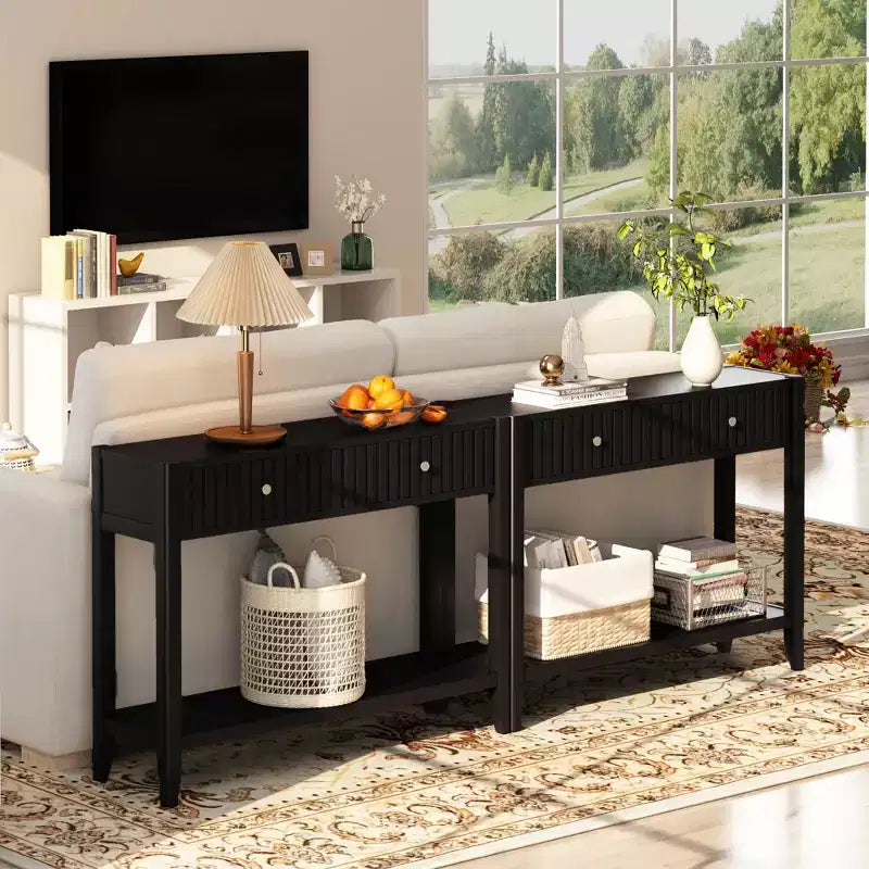 Console Table with Drawers, Narrow Wood Accent Sofa Table Entryway Table with Storage Shelf for Entryway, Front Hall, Hallway, Living Room, Black