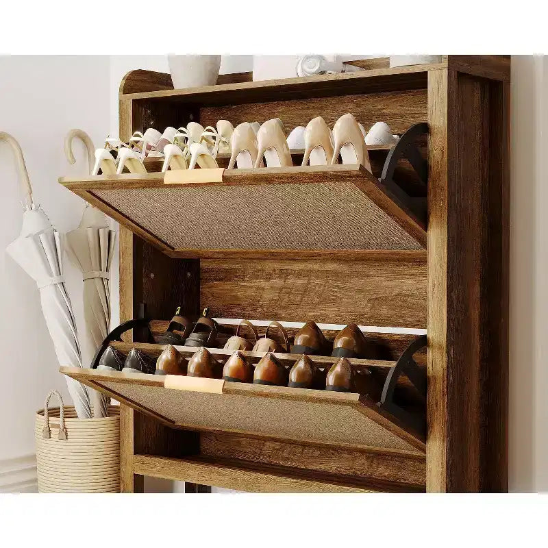 Farmhouse Rattan Shoe Cabinet, 32 Inch Narrow Shoe Storage with 2 Flip-Down Drawers, Freestanding Entryway Organizer with Adjustable Shelves, Brown