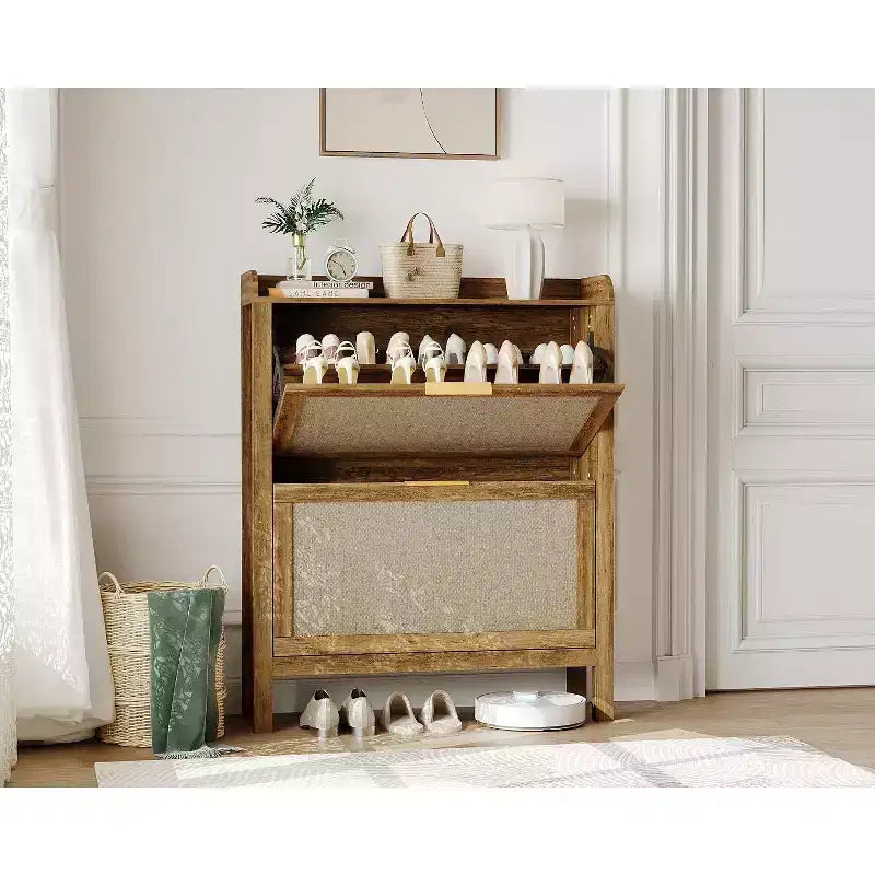 Farmhouse Rattan Shoe Cabinet, 32 Inch Narrow Shoe Storage with 2 Flip-Down Drawers, Freestanding Entryway Organizer with Adjustable Shelves, Brown