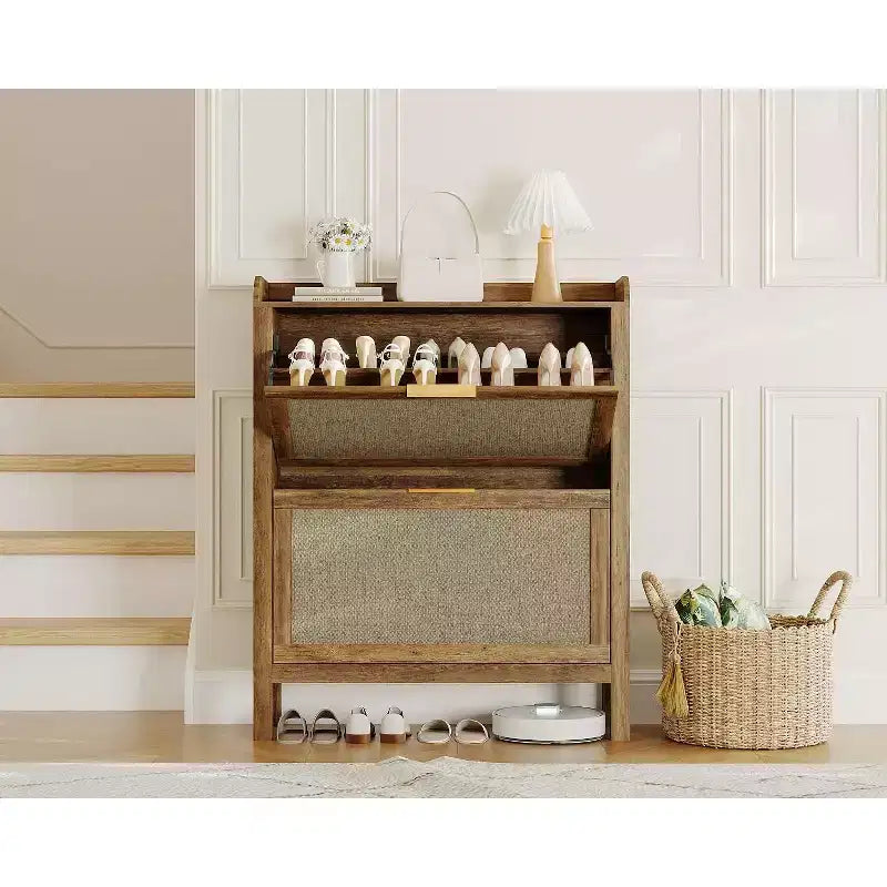 Farmhouse Rattan Shoe Cabinet, 32 Inch Narrow Shoe Storage with 2 Flip-Down Drawers, Freestanding Entryway Organizer with Adjustable Shelves, Brown