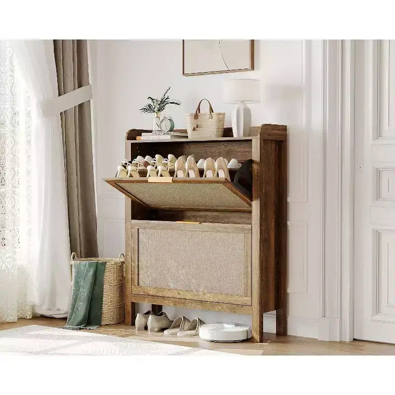 Farmhouse Rattan Shoe Cabinet, 32 Inch Narrow Shoe Storage with 2 Flip-Down Drawers, Freestanding Entryway Organizer with Adjustable Shelves, Brown