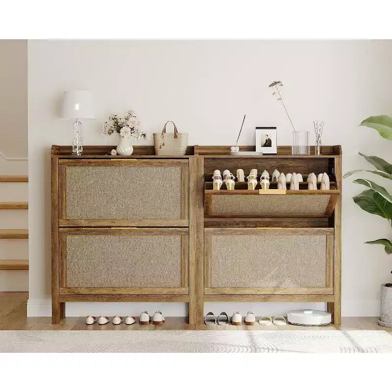 Farmhouse Rattan Shoe Cabinet, 32 Inch Narrow Shoe Storage with 2 Flip-Down Drawers, Freestanding Entryway Organizer with Adjustable Shelves, Brown