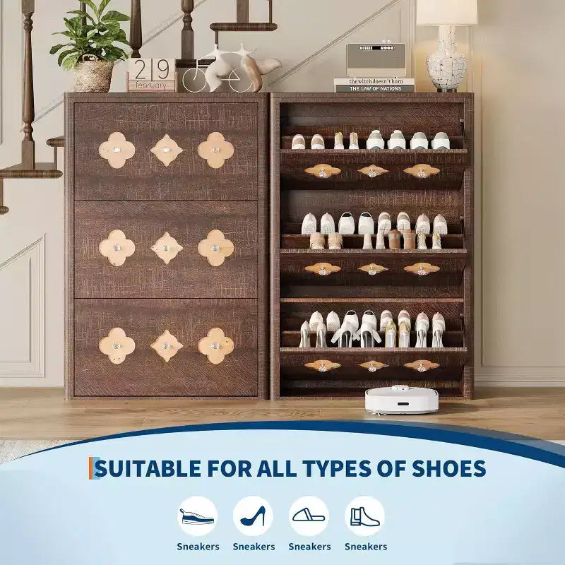 3-Drawer Flip Shoe Cabinet with Floral Pattern - Slim Freestanding Organizer for Entryway Hallway