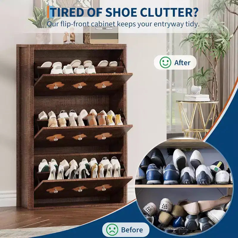 3-Drawer Flip Shoe Cabinet with Floral Pattern - Slim Freestanding Organizer for Entryway Hallway