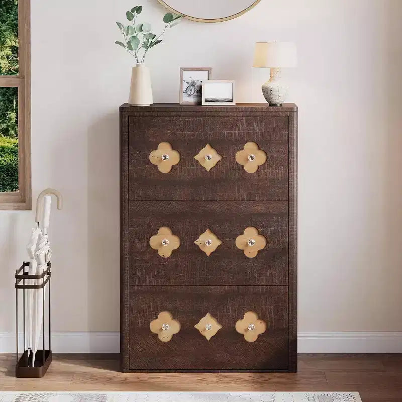 3-Drawer Flip Shoe Cabinet with Floral Pattern - Slim Freestanding Organizer for Entryway Hallway