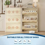 3-Drawer Flip Shoe Cabinet with Floral Pattern - Slim Freestanding Organizer for Entryway Hallway