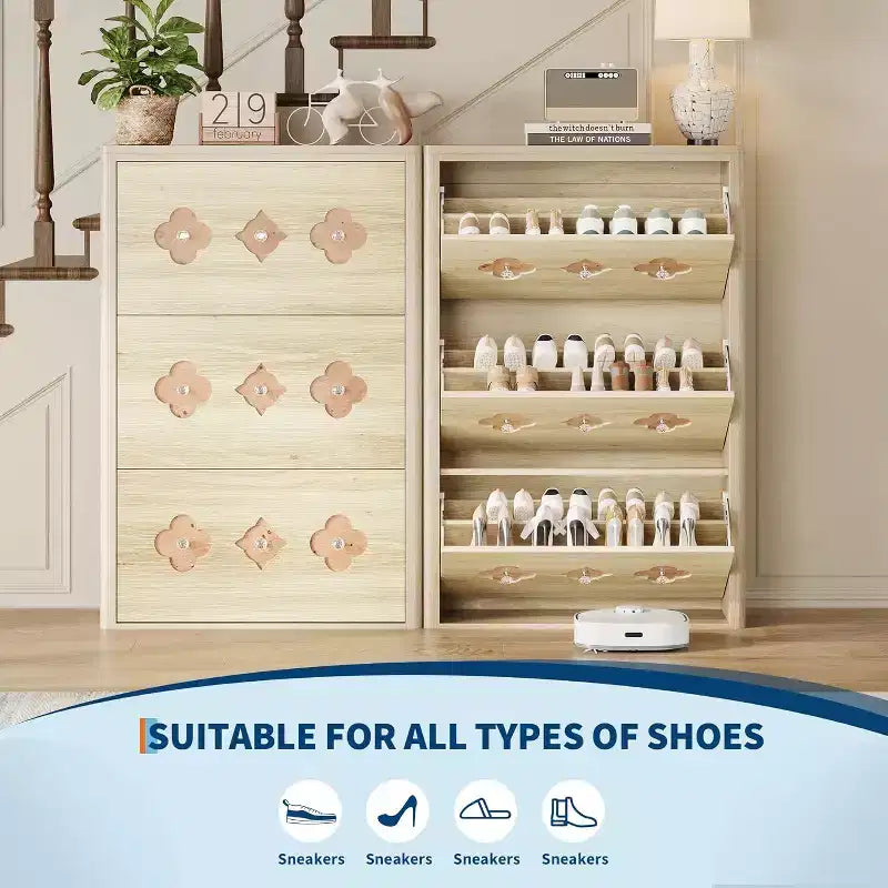 3-Drawer Flip Shoe Cabinet with Floral Pattern - Slim Freestanding Organizer for Entryway Hallway