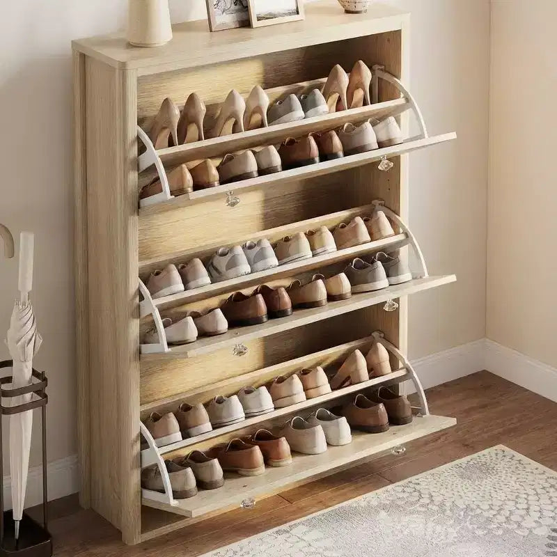 3-Drawer Flip Shoe Cabinet with Floral Pattern - Slim Freestanding Organizer for Entryway Hallway