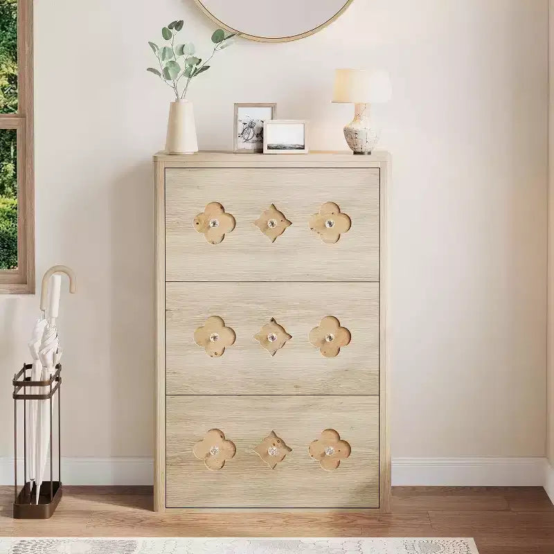 3-Drawer Flip Shoe Cabinet with Floral Pattern - Slim Freestanding Organizer for Entryway Hallway
